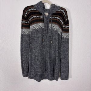 The Alpaca Connection Grey with Aztec Print Hooded Zip Up Sweater Size Large